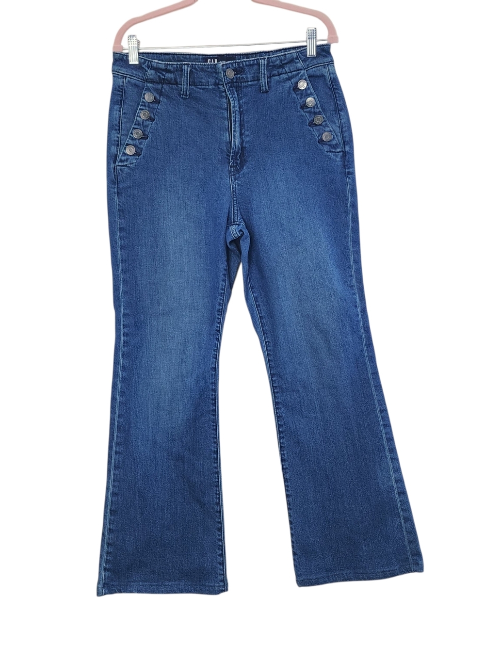Gap 70s Flare High Rise Sailor Jeans Blue Denim Button Front 12/31R - Picture 3 of 16